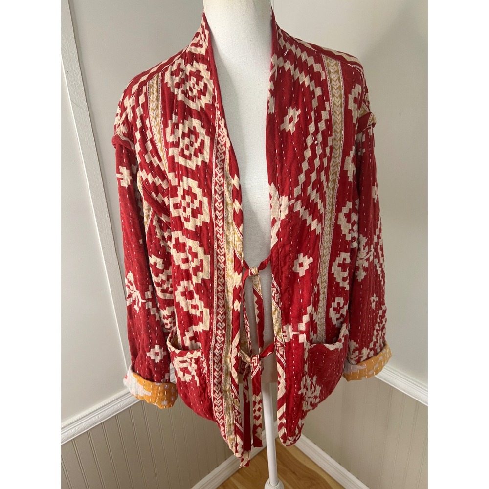 Sew Betty Sue Women Red Kantha Quilt Jacket Cotton Open Front Boho Cardigan L